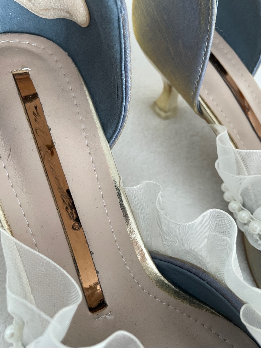Elegant Blue Satin Pearl &
Ruffle Kitten Heel
D'Orsay Pumps Women's
Size 8.5 - Picture 5 of 17